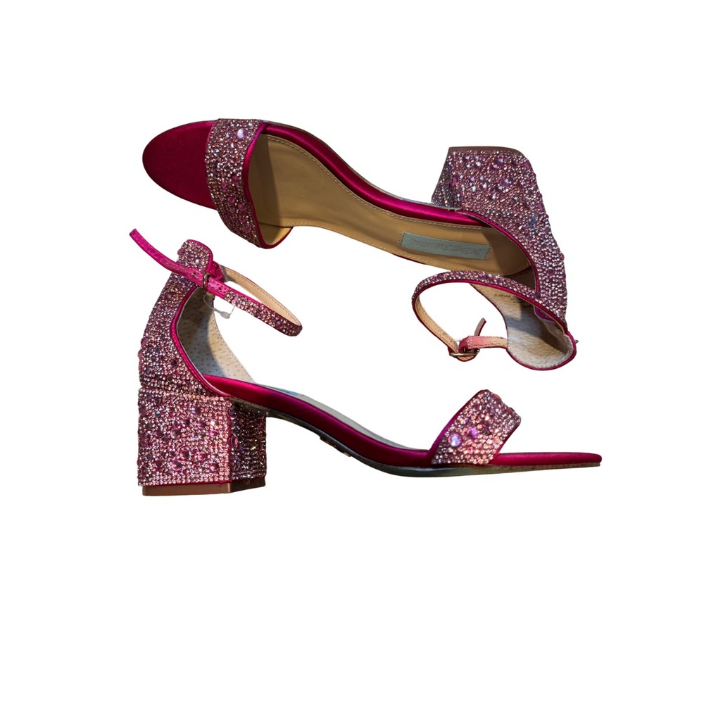 Betsey Johnson SB-MARI Fuchsia Pink Satin Rhinestone Block Heel Sandals Size 8.5 - Picture 4 of 13